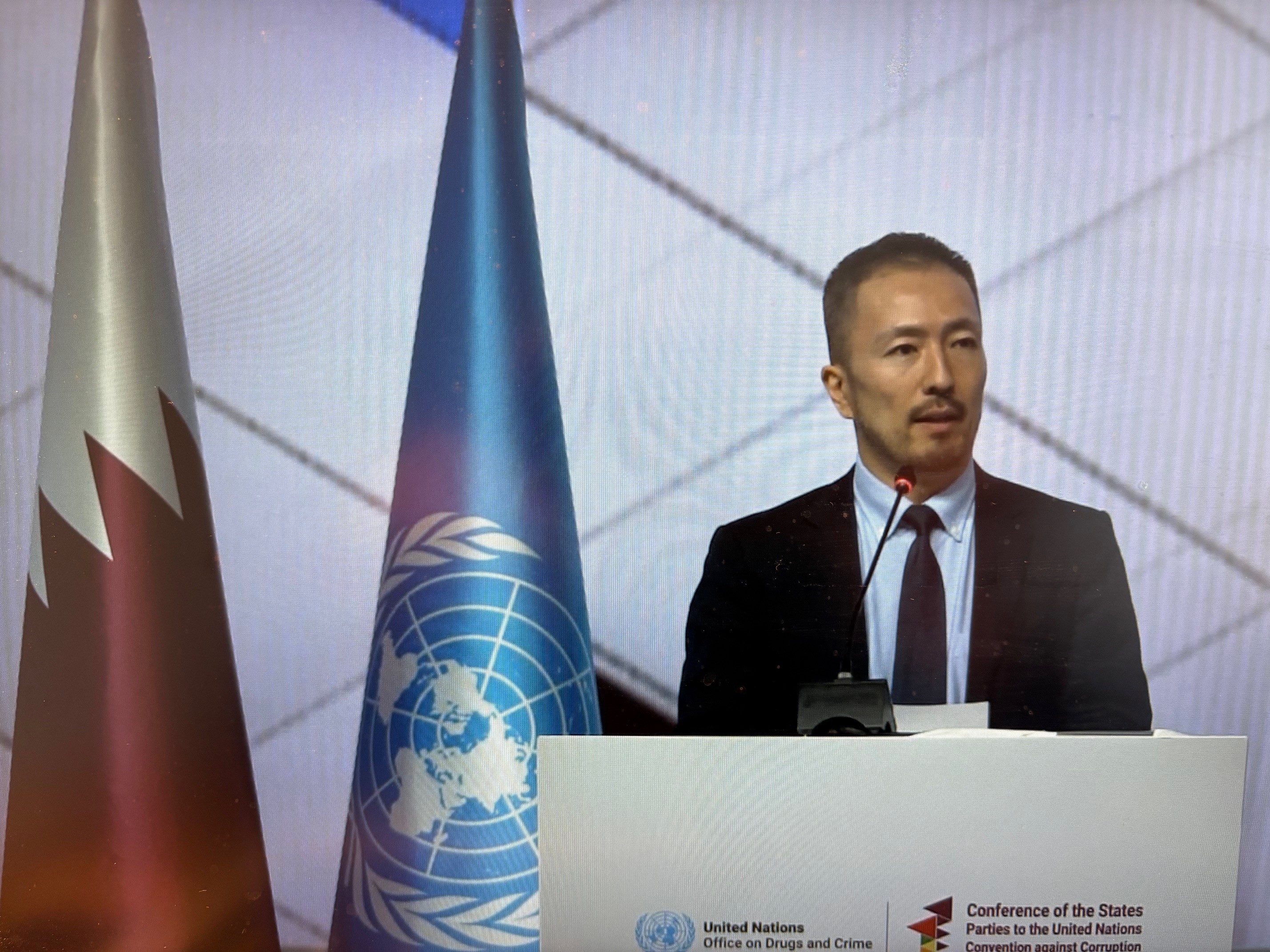 Dr Yukihiko Hamada, Programme Manager, Money in Politics, delivers a statement on behalf of International IDEA at the Conference of the States Parties to the UN Convention against Corruption, in Doha, Qatar, 16 December 2025. Credit: International IDEA/Khushbu Agrawal